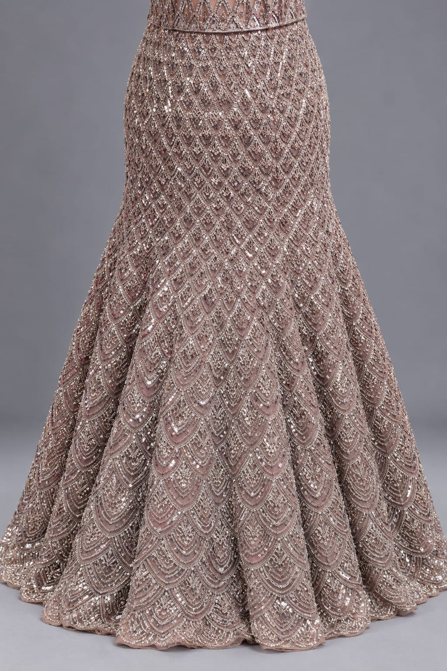 Dusty Rose Fishcut Gown with Sequin Embroidery and Flared Hem