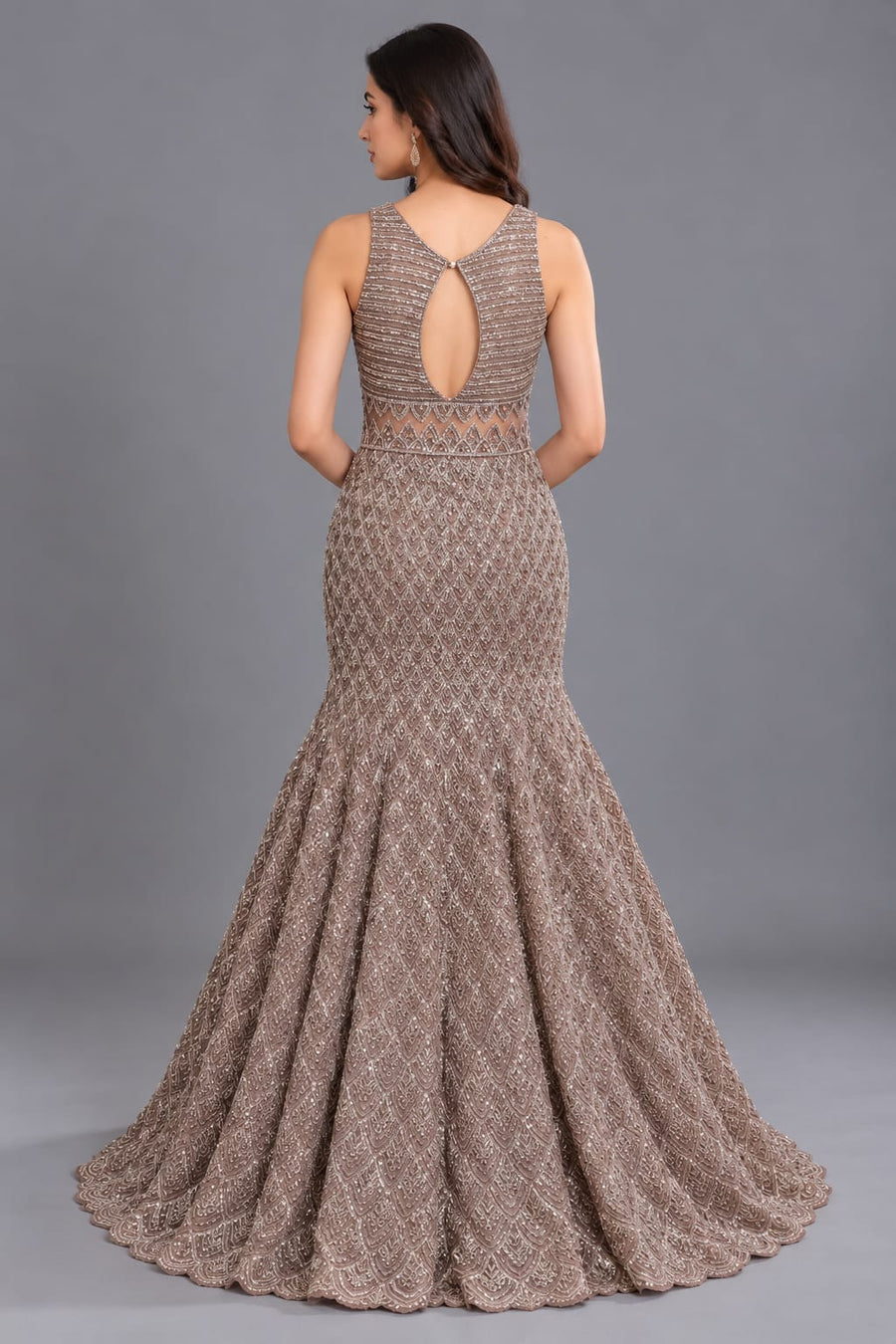 Dusty Rose Fishcut Gown with Sequin Embroidery and Flared Hem