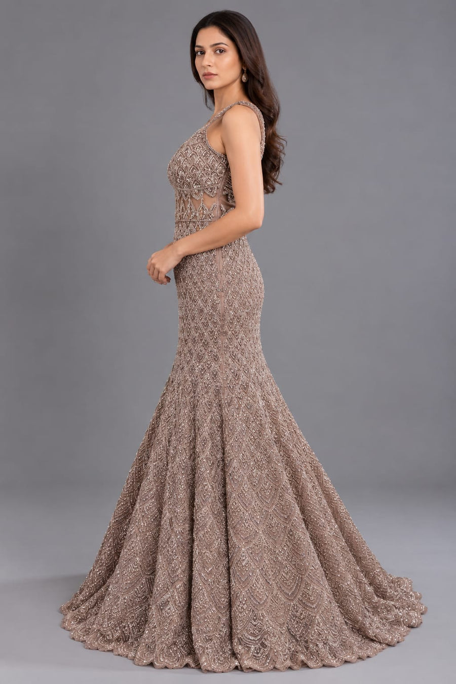 Dusty Rose Fishcut Gown with Sequin Embroidery and Flared Hem