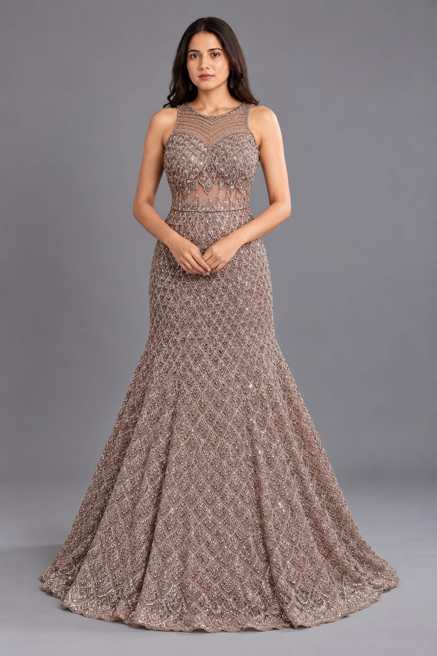 Dusty Rose Fishcut Gown with Sequin Embroidery and Flared Hem