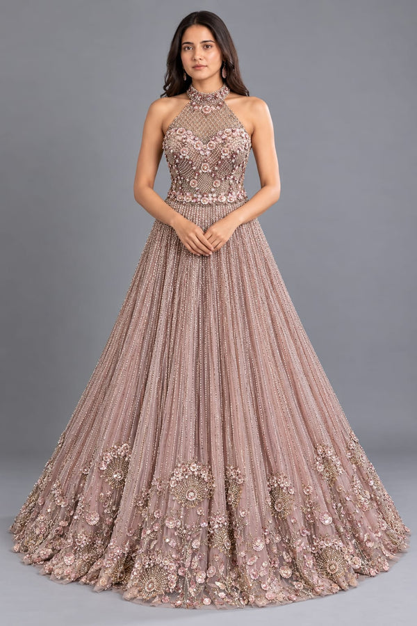 Dusty Rose Net Gown with 3D Floral Work and High Neckline Design