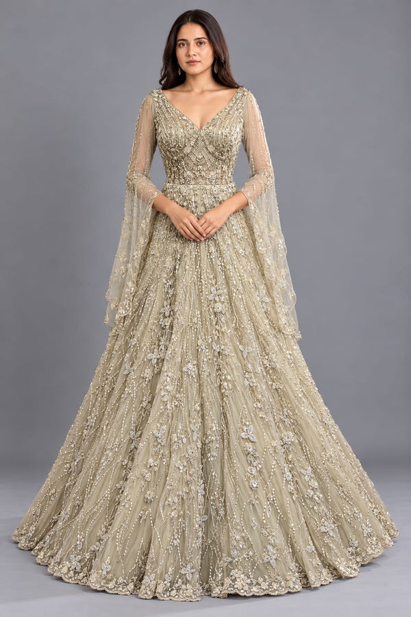 Elegant Champagne Gold Embroidered Net Gown with Flared Silhouette