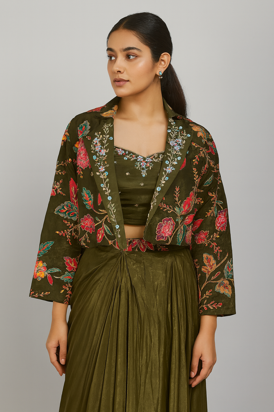 Elegant Crop Top Dhoti with Jacket front close rofile 