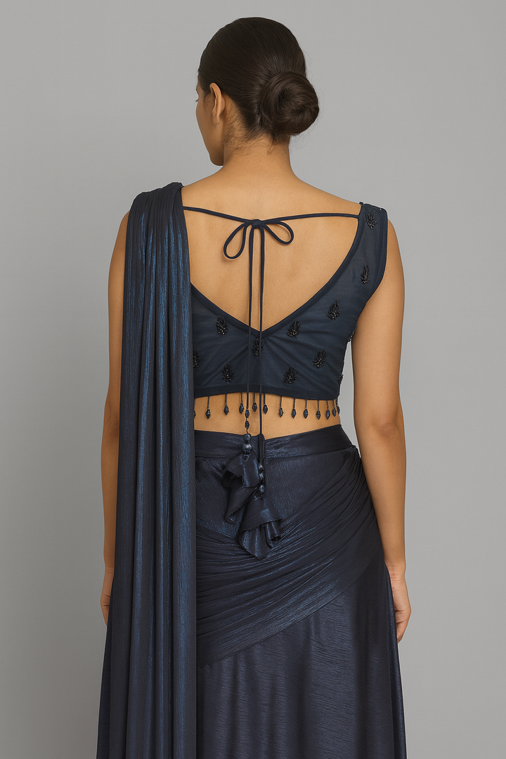 Elegant Drape Saree  blue back profile 