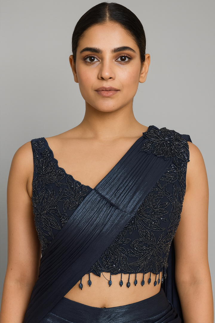 Elegant Drape Saree blue close profile