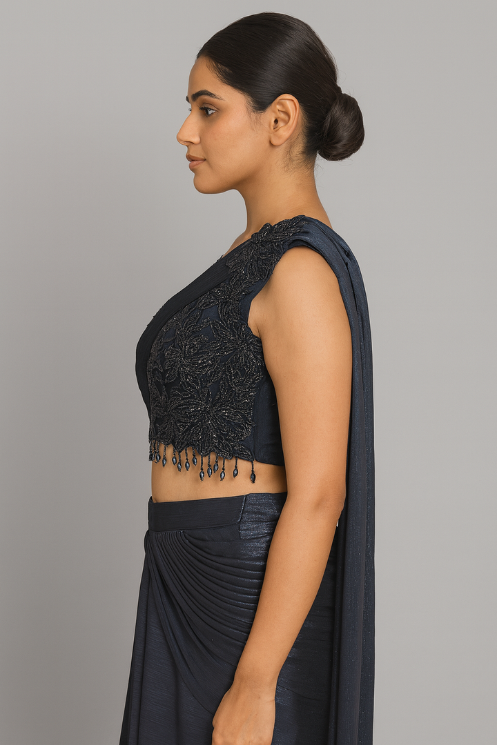 Elegant Drape Saree blue side profile