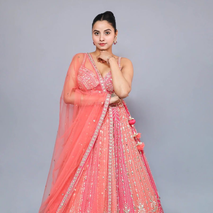 Elegant Gajri & Pink Crop Top Lehenga- Vastrachowk