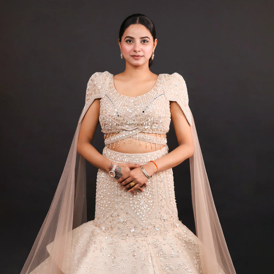 Elegant Gold Fish Cut Lehenga with Crop Top & Falling Sleeves