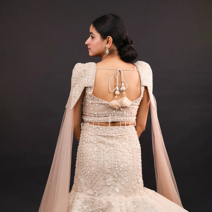 Elegant Gold Fish Cut Lehenga with Crop Top & Falling Sleeves