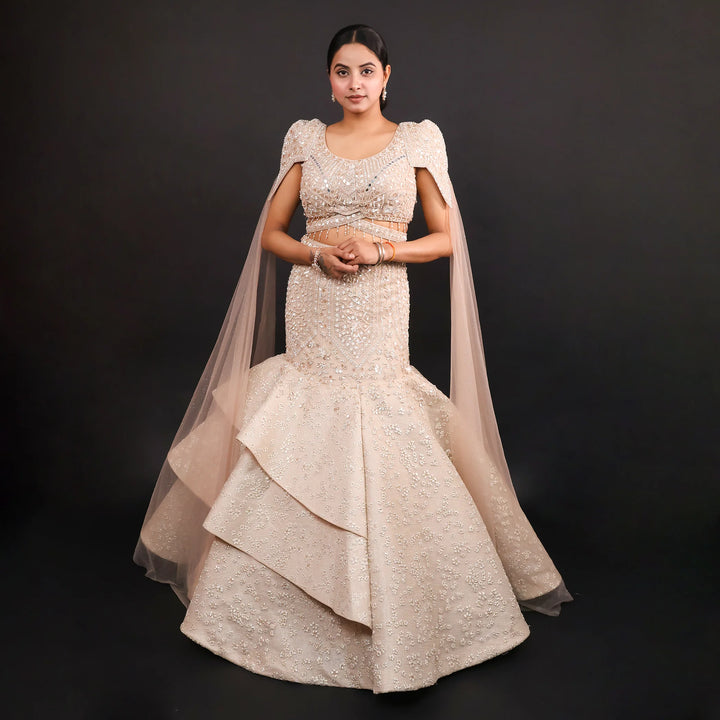 Elegant Gold Fish Cut Lehenga with Crop Top & Falling Sleeves