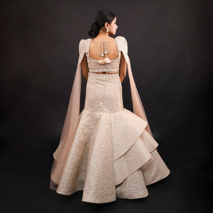 Elegant Gold Fish Cut Lehenga with Crop Top & Falling Sleeves