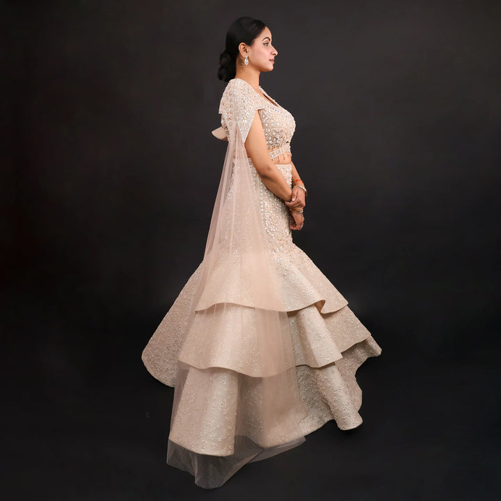 Elegant Gold Fish Cut Lehenga with Crop Top & Falling Sleeves