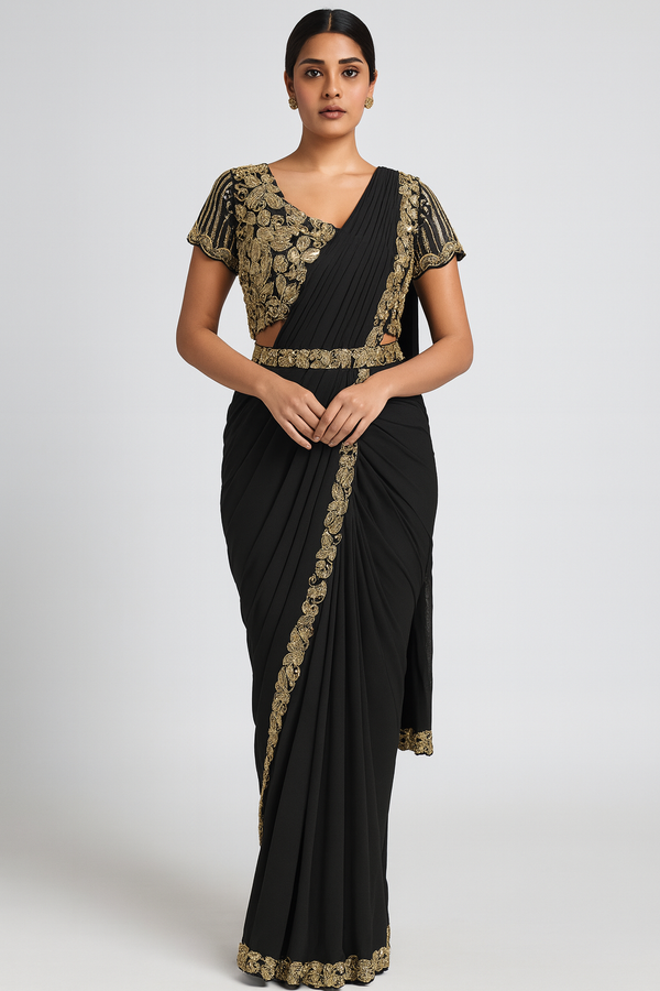 Elegant Golden Black Drape Saree 