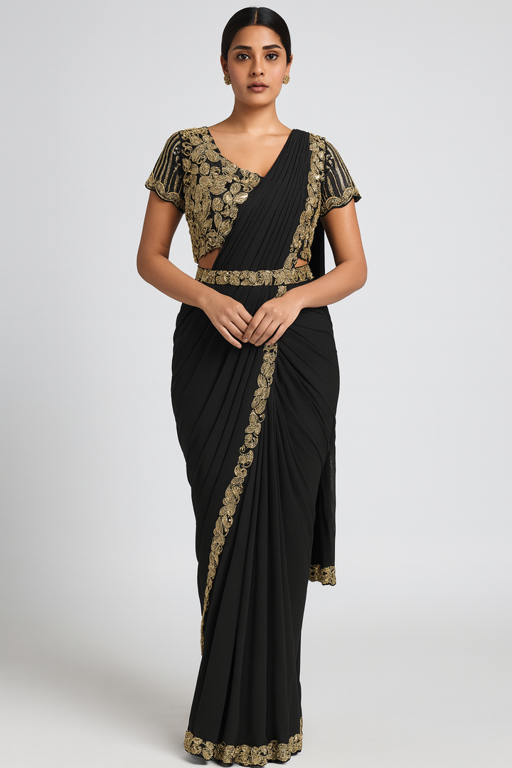 Elegant Golden Black Drape Saree 