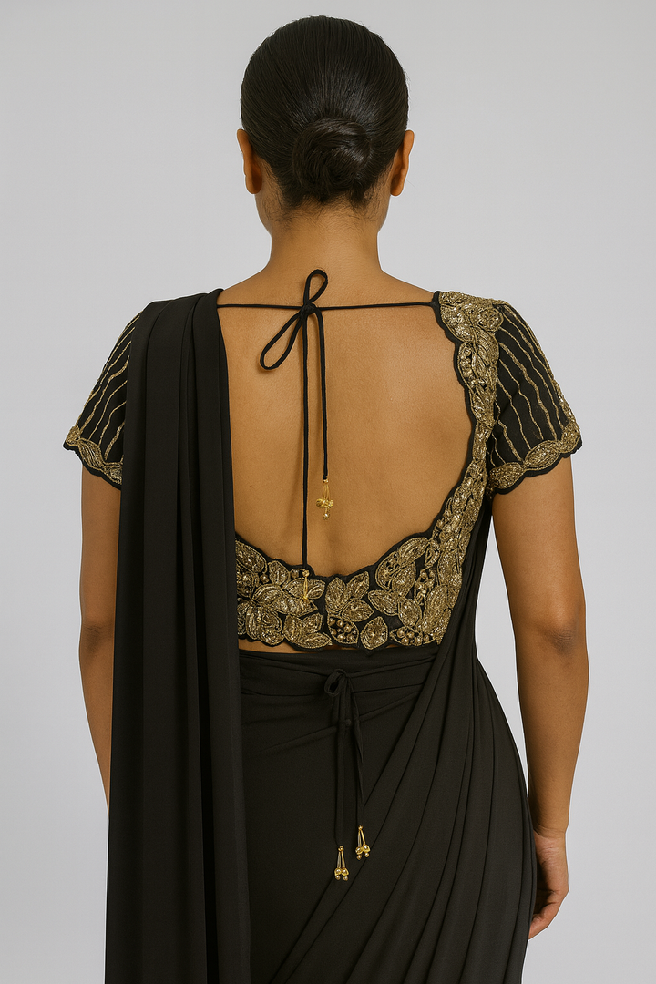 Elegant Golden Black Drape Saree back