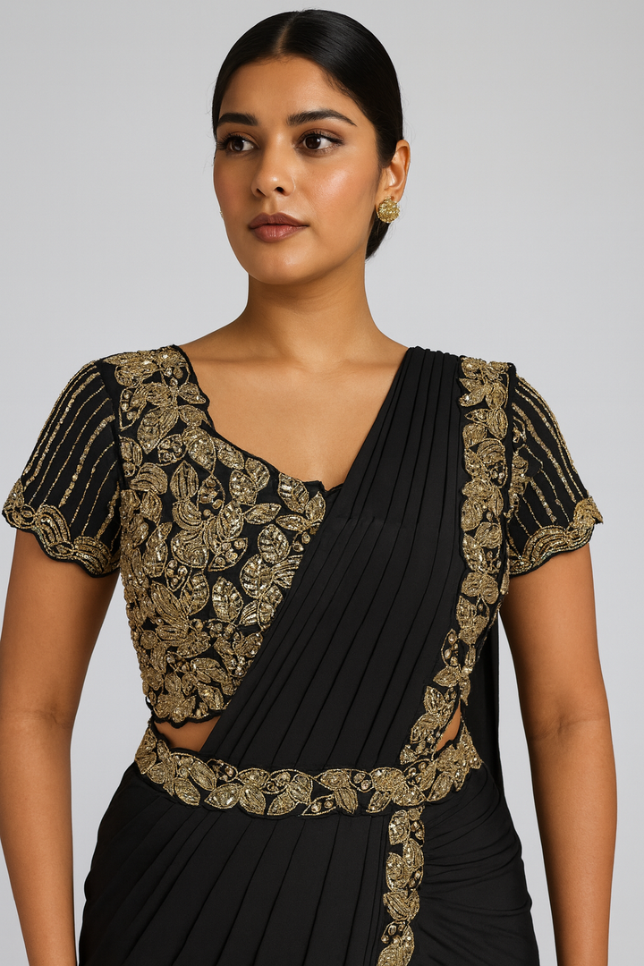Elegant Golden Black Drape Saree close profile