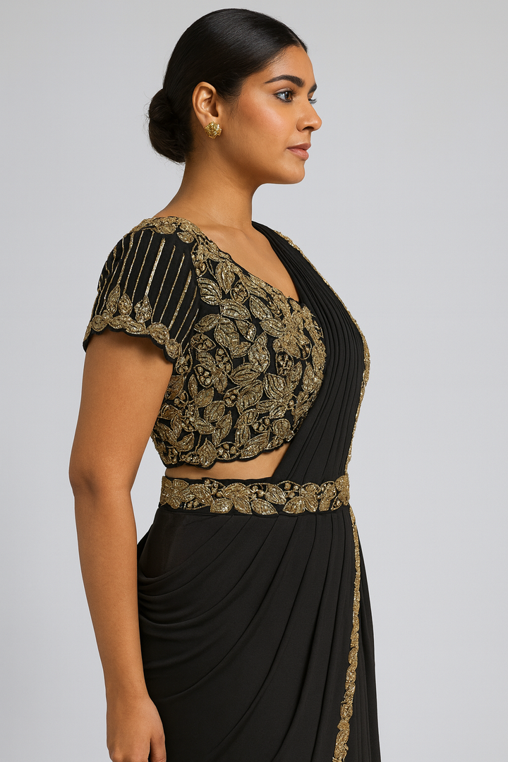 Elegant Golden Black Drape Saree side profile