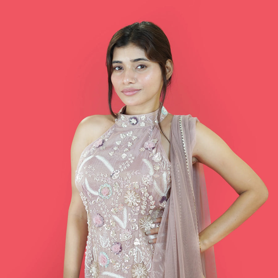 Elegant Halterneck Straight Shirt with Stylish Sharara Set Vastrachowk