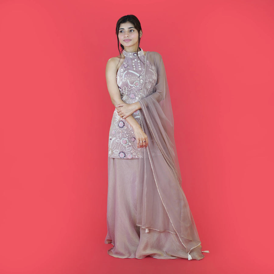 Elegant Halterneck Straight Shirt with Stylish Sharara Set