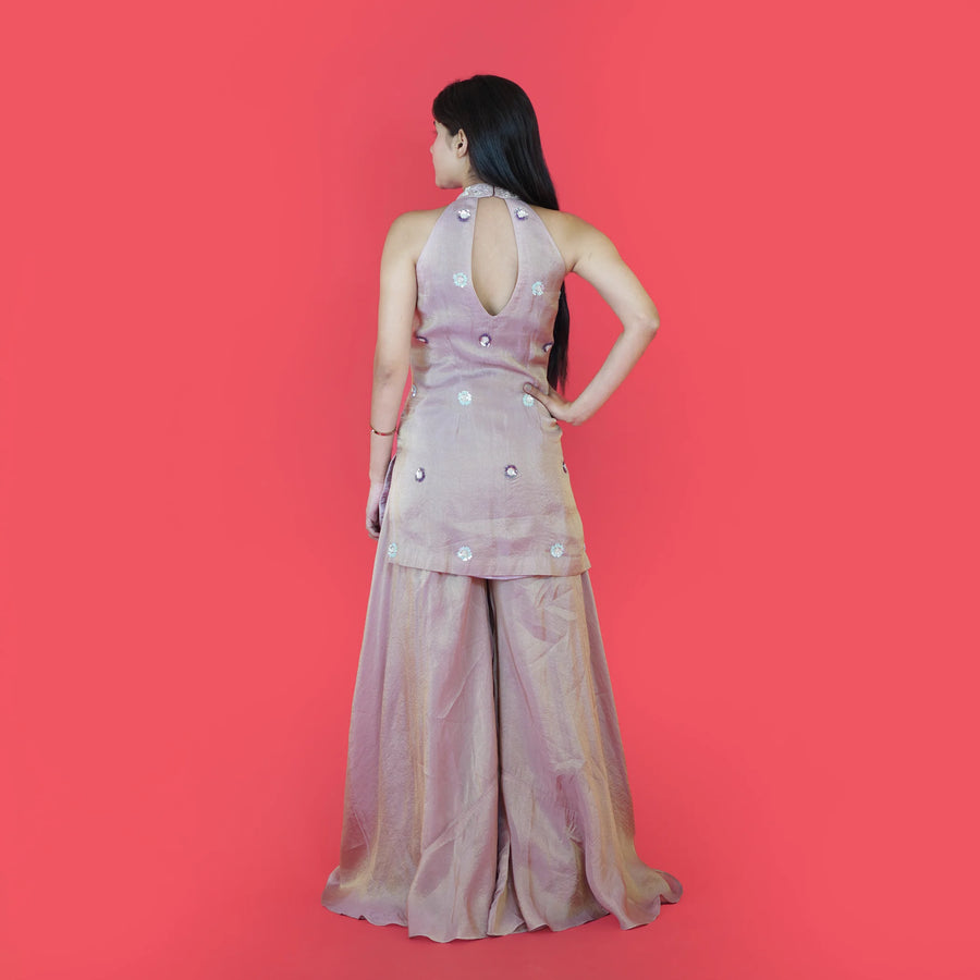Elegant Halterneck Straight Shirt with Stylish Sharara Set Vastrachowk