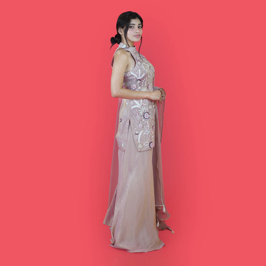 Elegant Halterneck Straight Shirt with Stylish Sharara Set Vastrachowk