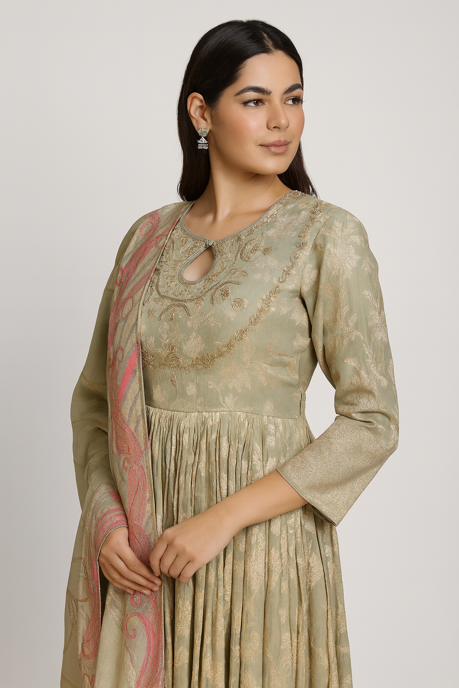 Elegant Neck Anarkali with Dupatta front close profile