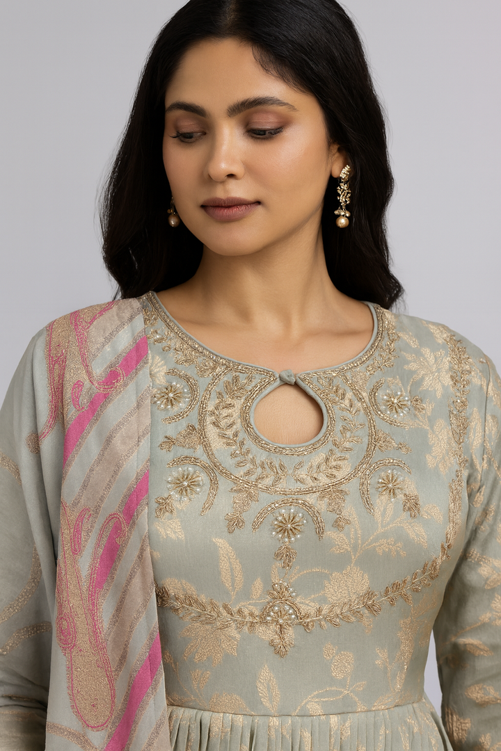 Elegant Neck Anarkali with Dupatta front profile