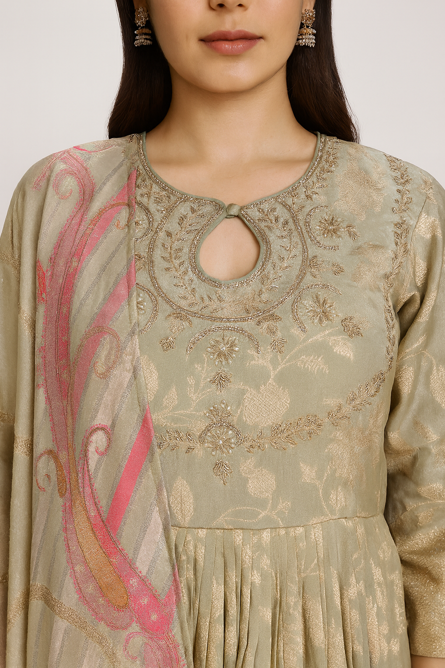 Elegant Neck Anarkali with Dupatta pista front close profile