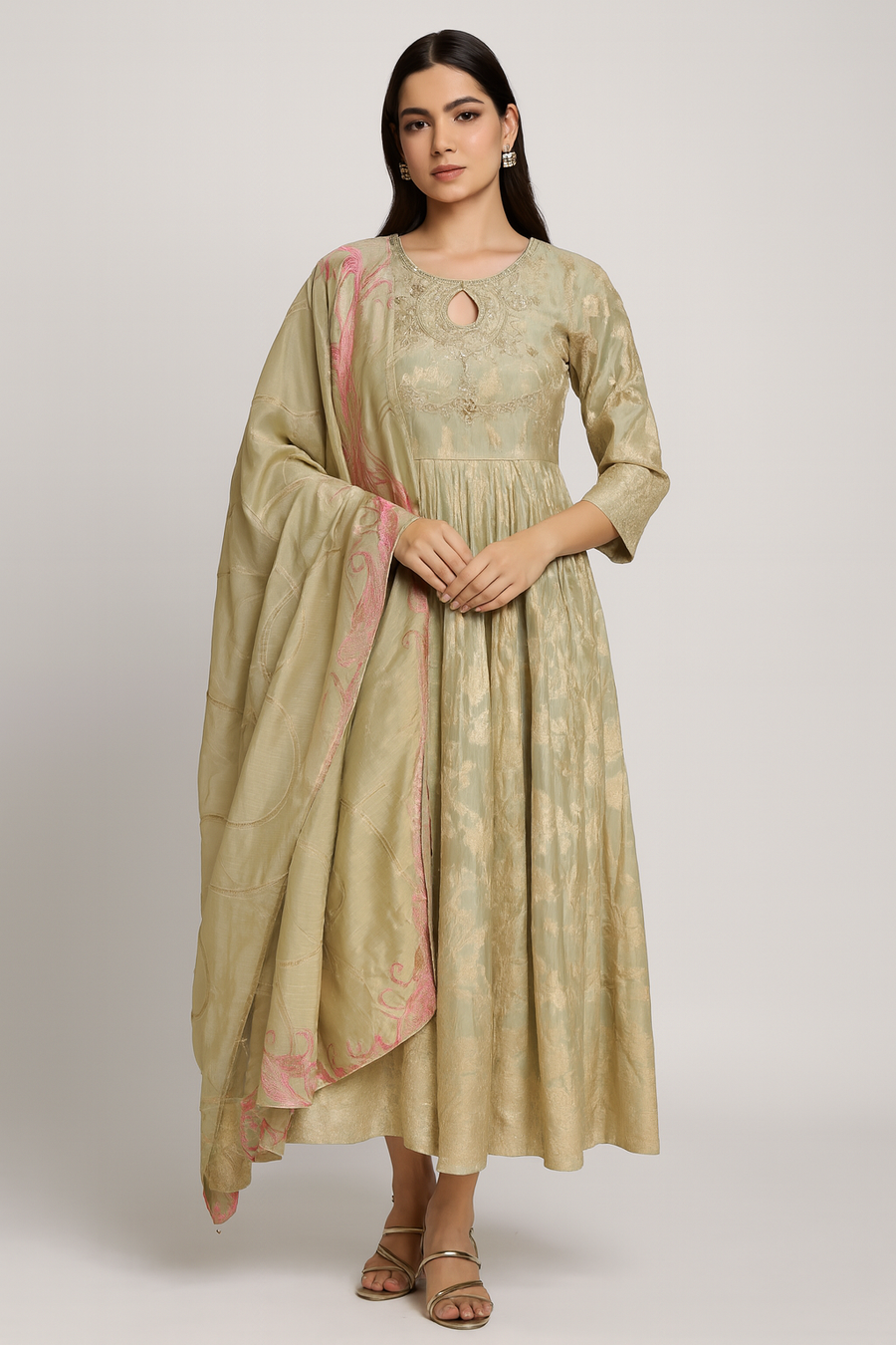 Elegant Neck Anarkali with Dupatta pista profile