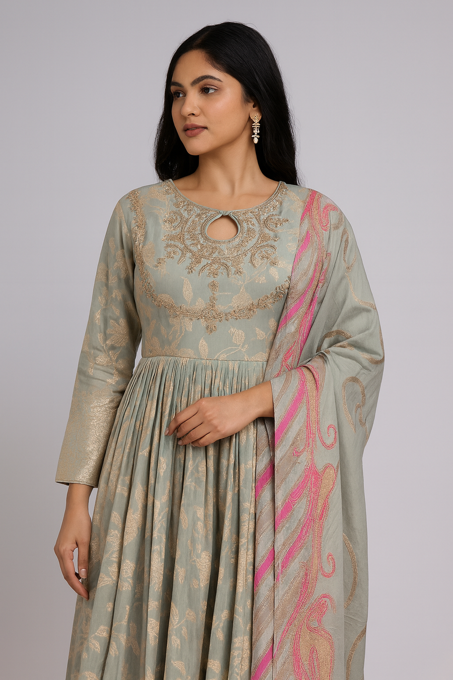 Elegant Neck Anarkali with Dupatta pista side profile