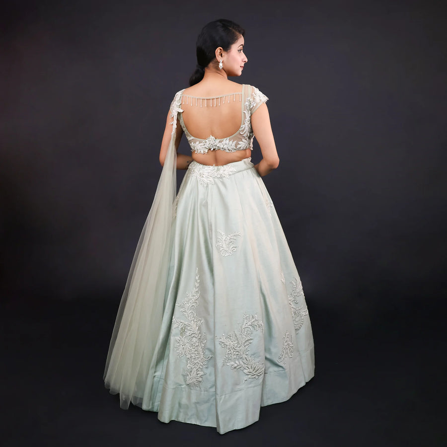 Elegant Pista Green Western Crop Top Lehenga Vastrachowk