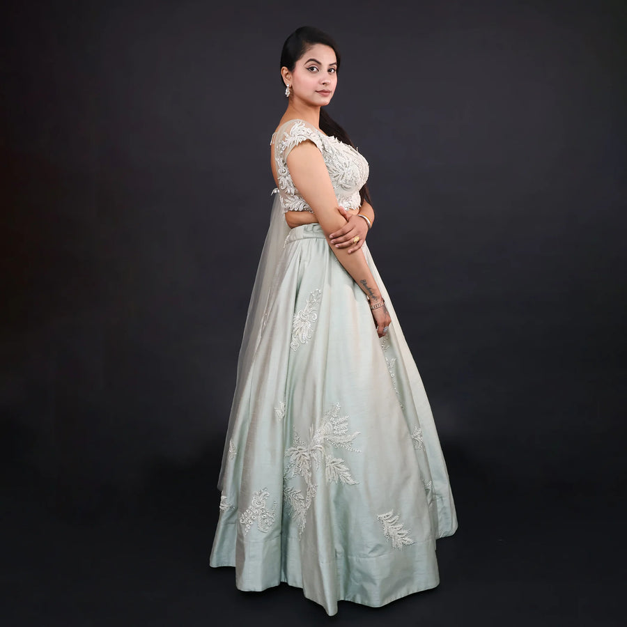 Elegant Pista Green Western Crop Top Lehenga Vastrachowk