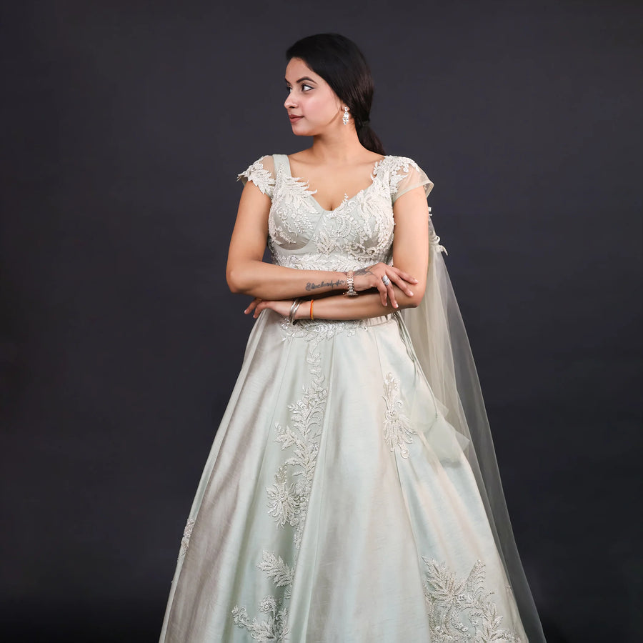 Elegant Pista Green Western Crop Top Lehenga Vastrachowk