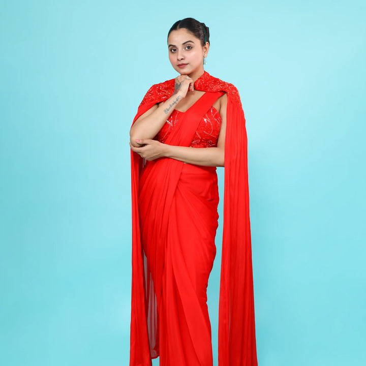 Elegant Red Drape Saree with Shoulder Cape- Vastrachowk