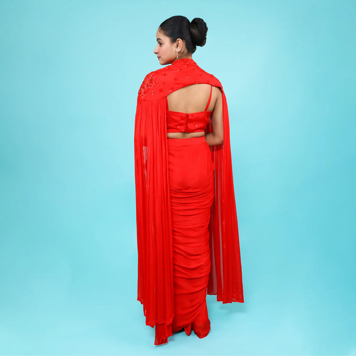 Elegant Red Drape Saree with Shoulder Cape- Vastrachowk