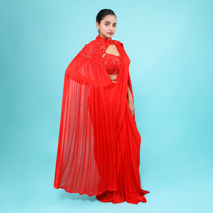Elegant Red Drape Saree with Shoulder Cape- Vastrachowk