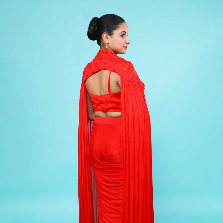 Elegant Red Drape Saree with Shoulder Cape- Vastrachowk