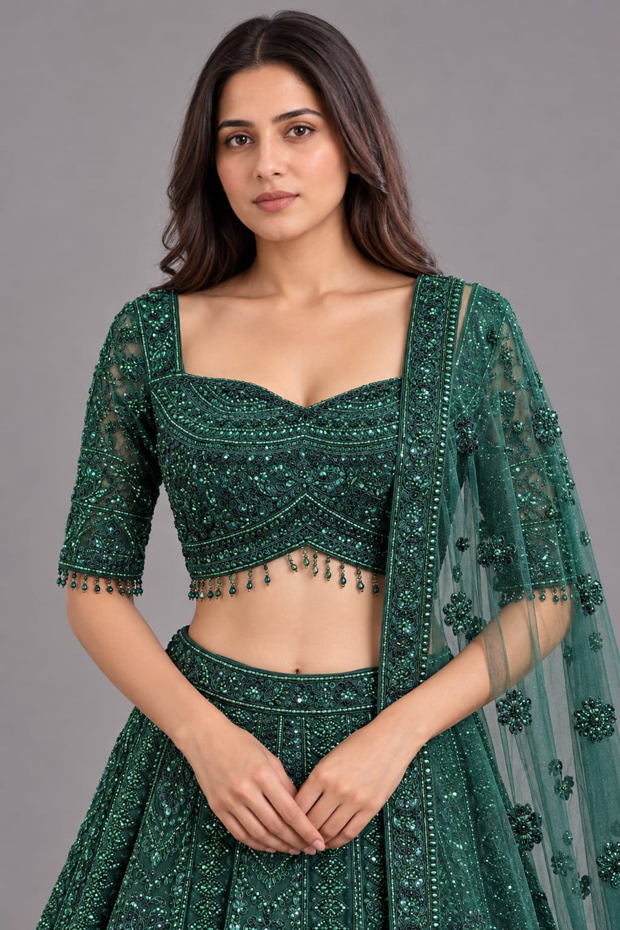 Emerald Green Embellished Designer Lehenga with Net Dupatta
