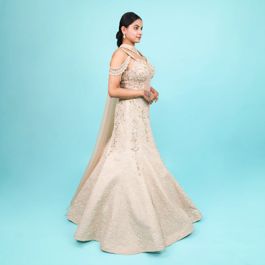 Fish Cut Engagement Gown with Choker Dupatta Vastrachowk