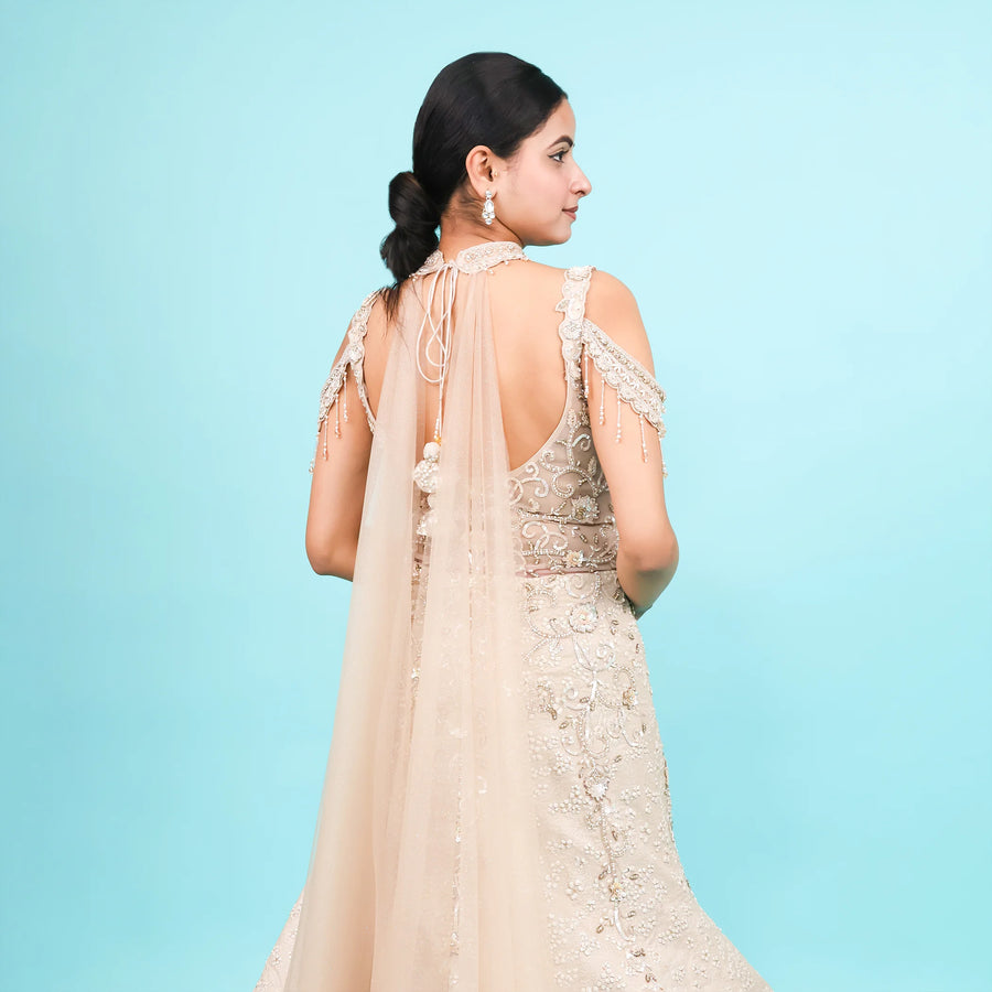 Fish Cut Engagement Gown with Choker Dupatta Vastrachowk