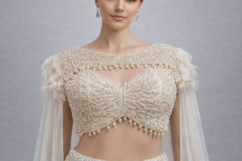 Fish Cut Lehenga Calpin Crop Top With Detchable Cape 