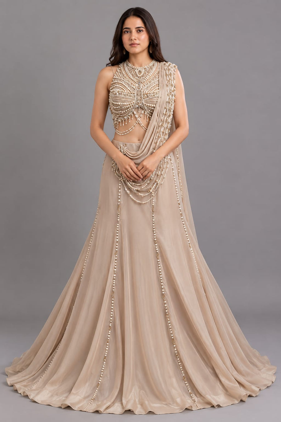 Champagne Beige Pearl Embellished Designer Drape Saree with Halter Neck Blouse