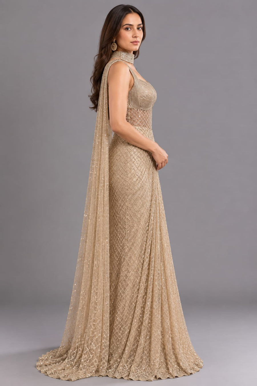 Champagne Gold Embellished Drape Saree with Corset Blouse