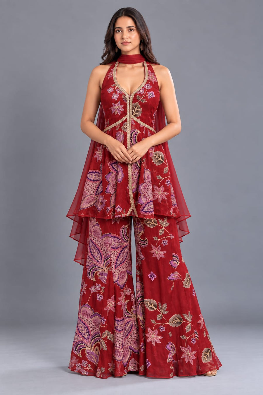 Floral Peplum Sharara Set with Choker Dupatta for Wedding Functions
