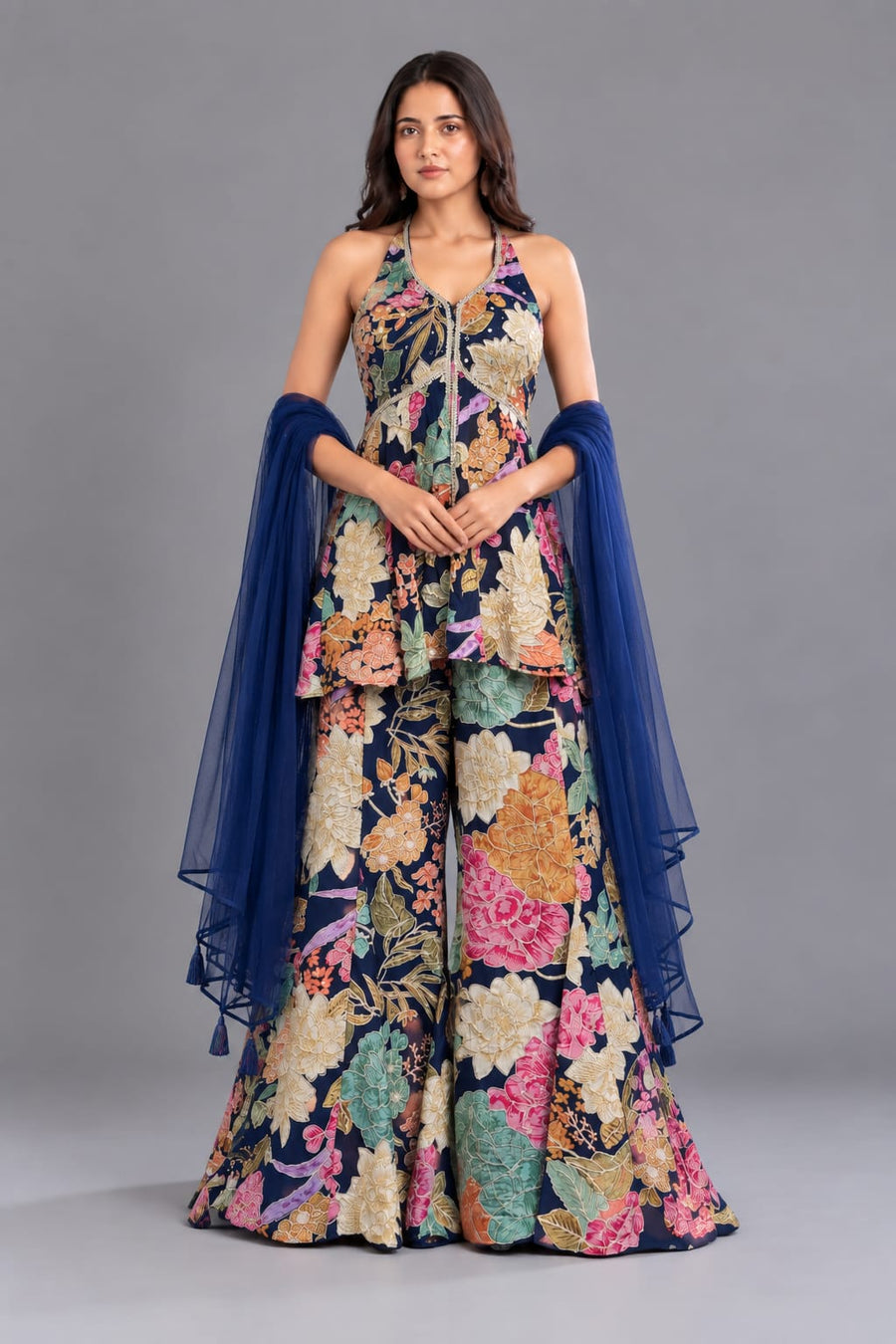 Floral Sharara Set with Halter Peplum & Dupatta for Women