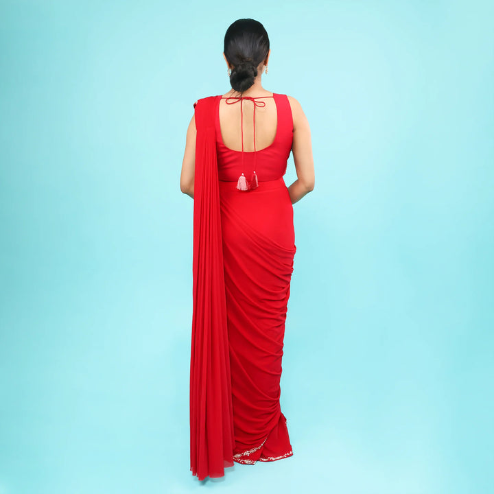 Fuchsia Pink Crop Top Drape Saree -Vastrachowk