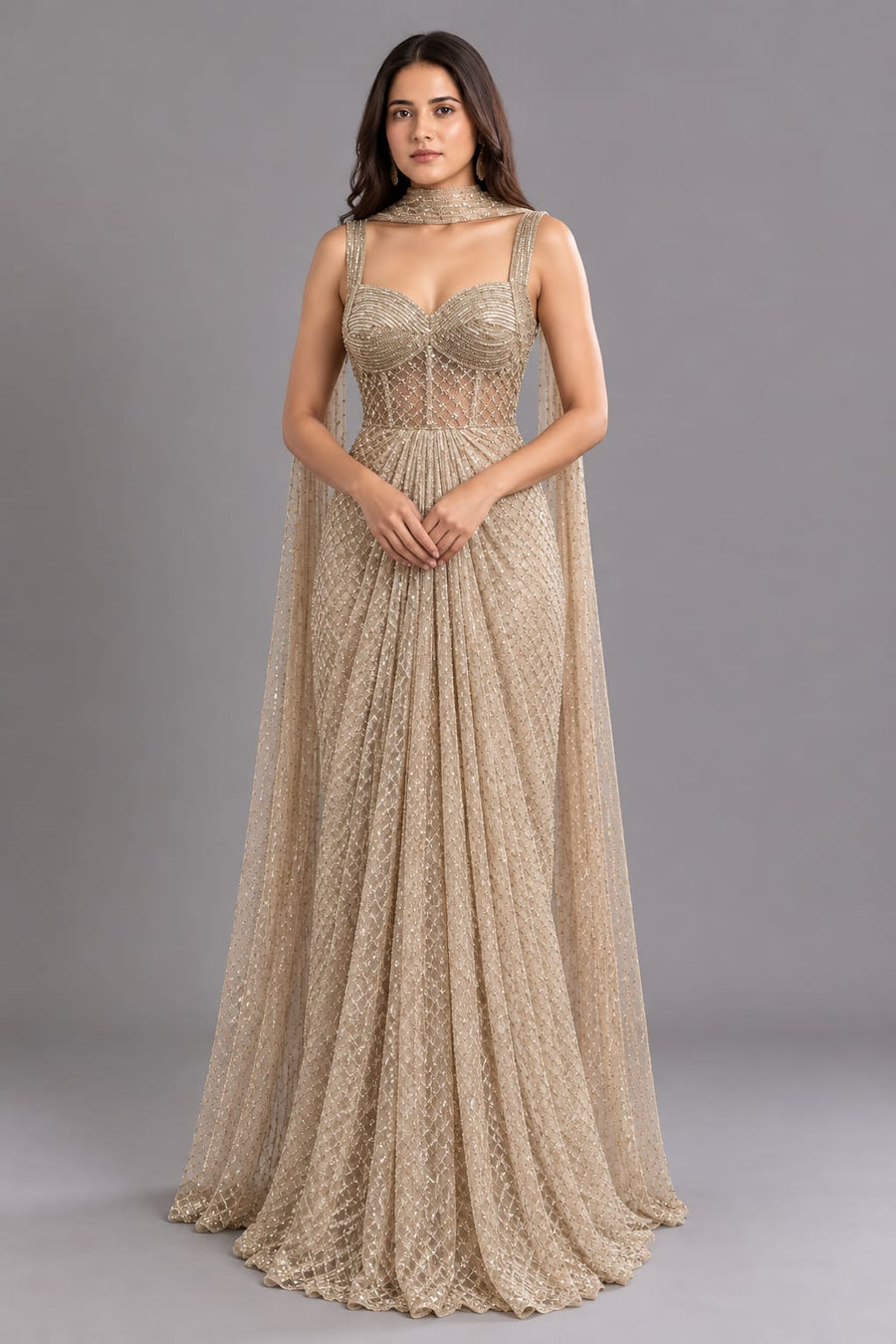Champagne Gold Embellished Drape Saree with Corset Blouse