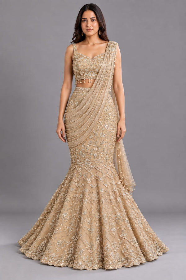 Champagne Embroidered Fishcut Lehenga with Draped Dupatta for Women