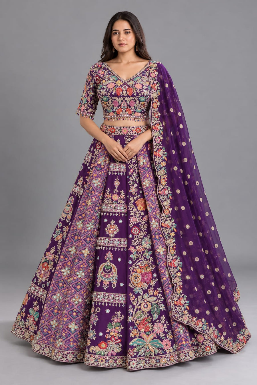 Purple Embroidered Lehenga with Floral Work and Matching Dupatta