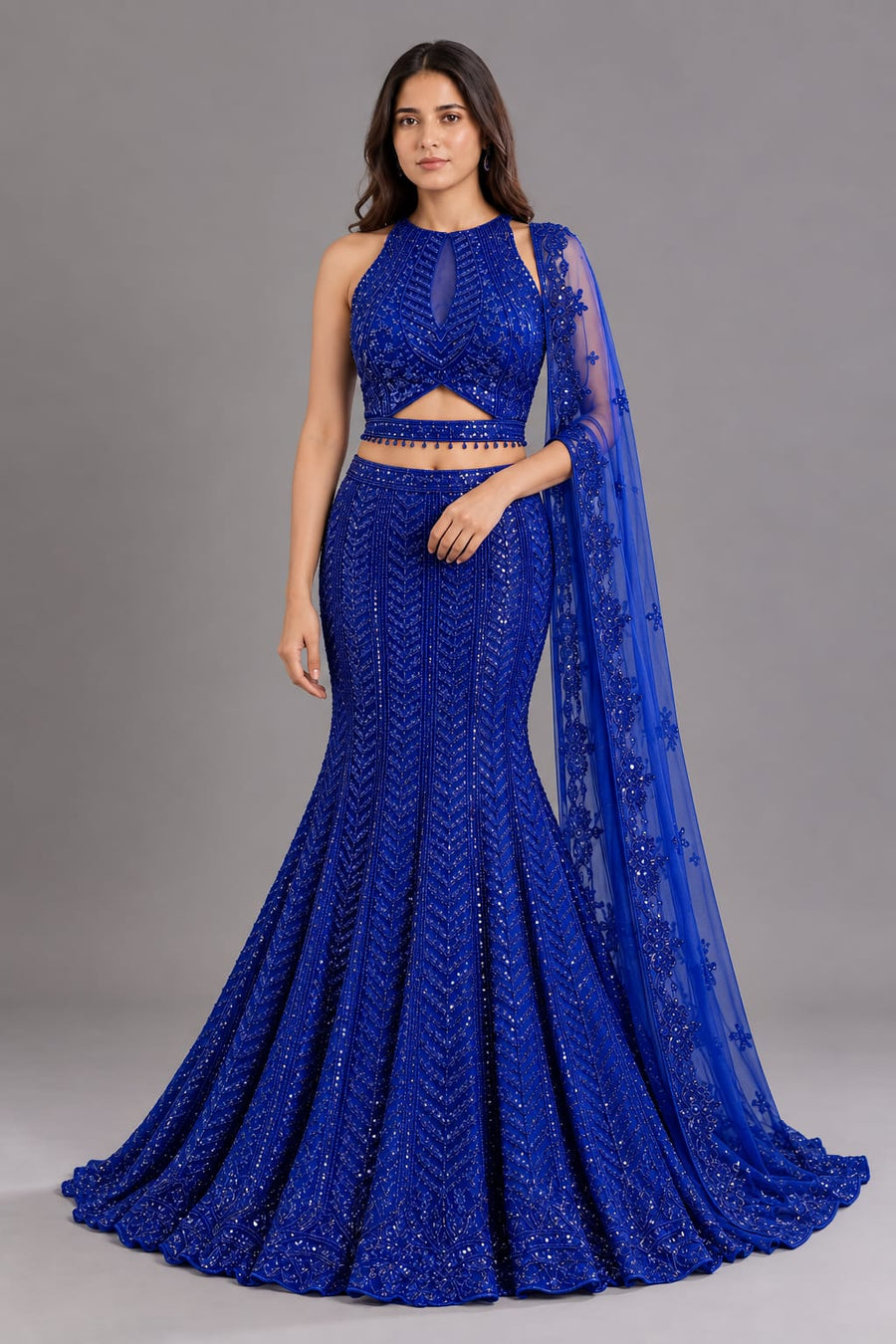Royal Blue Sequin Fishcut Lehenga with Drape for Engagement Wear Style